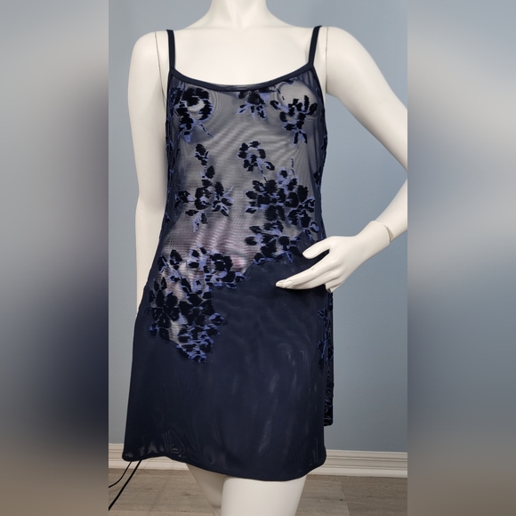 La Perla Y2K Stretch Tulle Burnt Velvet Navy Blue Chemise Slip
